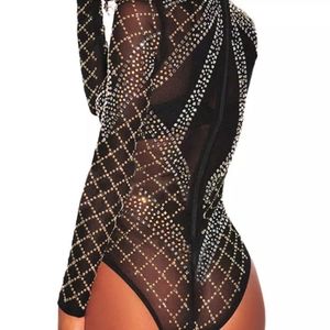 Women's Shiny Rhinestone Turtle Neck Long Sleeve Bodysuit Top Zip Back Leotard w